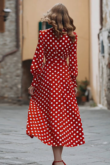 Red and White Chiffon V-Neck A-Line Long Sleeves Polka Dots Dress